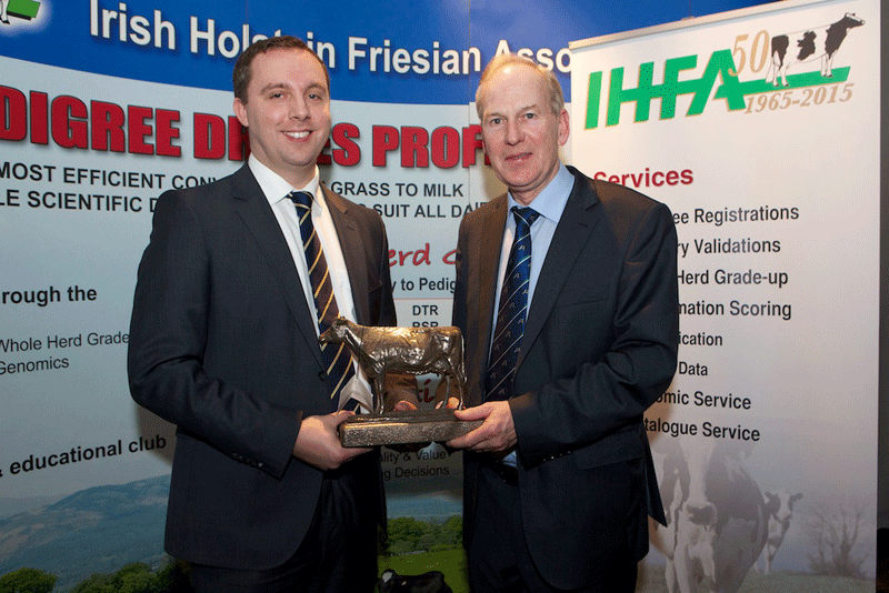 Charles Gallagher, CE, IHFA makes a presentation to Dr. Alan Fahey, UCD, Senior lecturer in Animal Breeding, guest speaker at the All Ireland Awards Presentation Evening. 